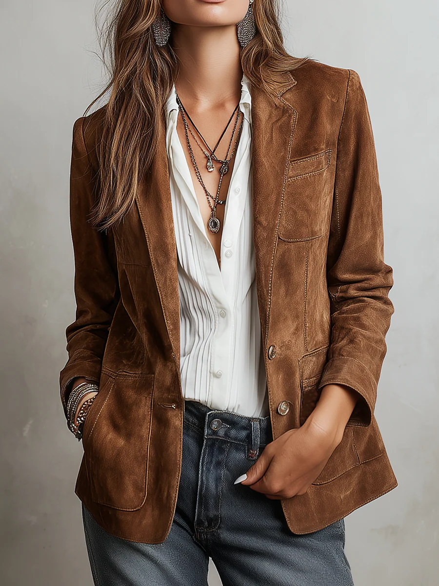Brontë | Vintage Contrast-Stitch Brown Blazer for Women