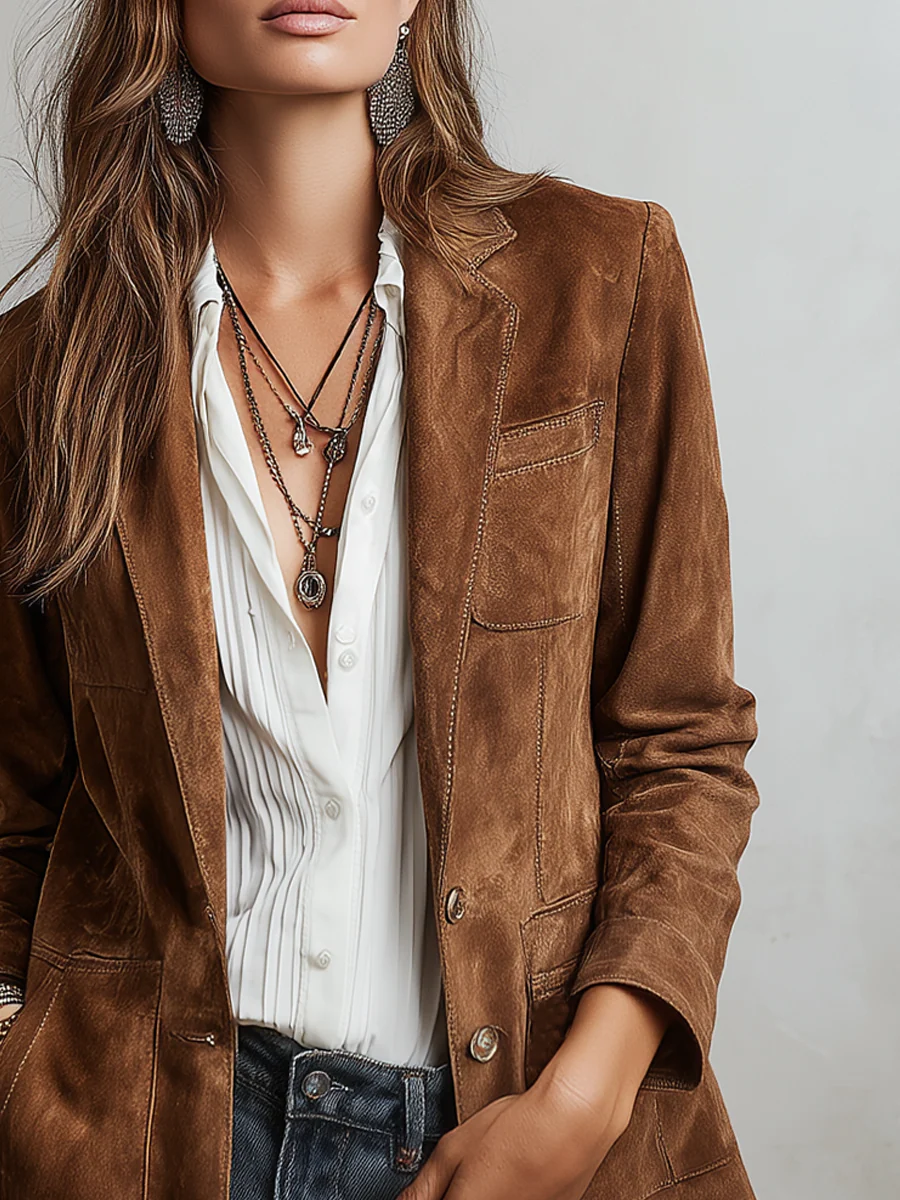 Brontë | Vintage Contrast-Stitch Brown Blazer for Women