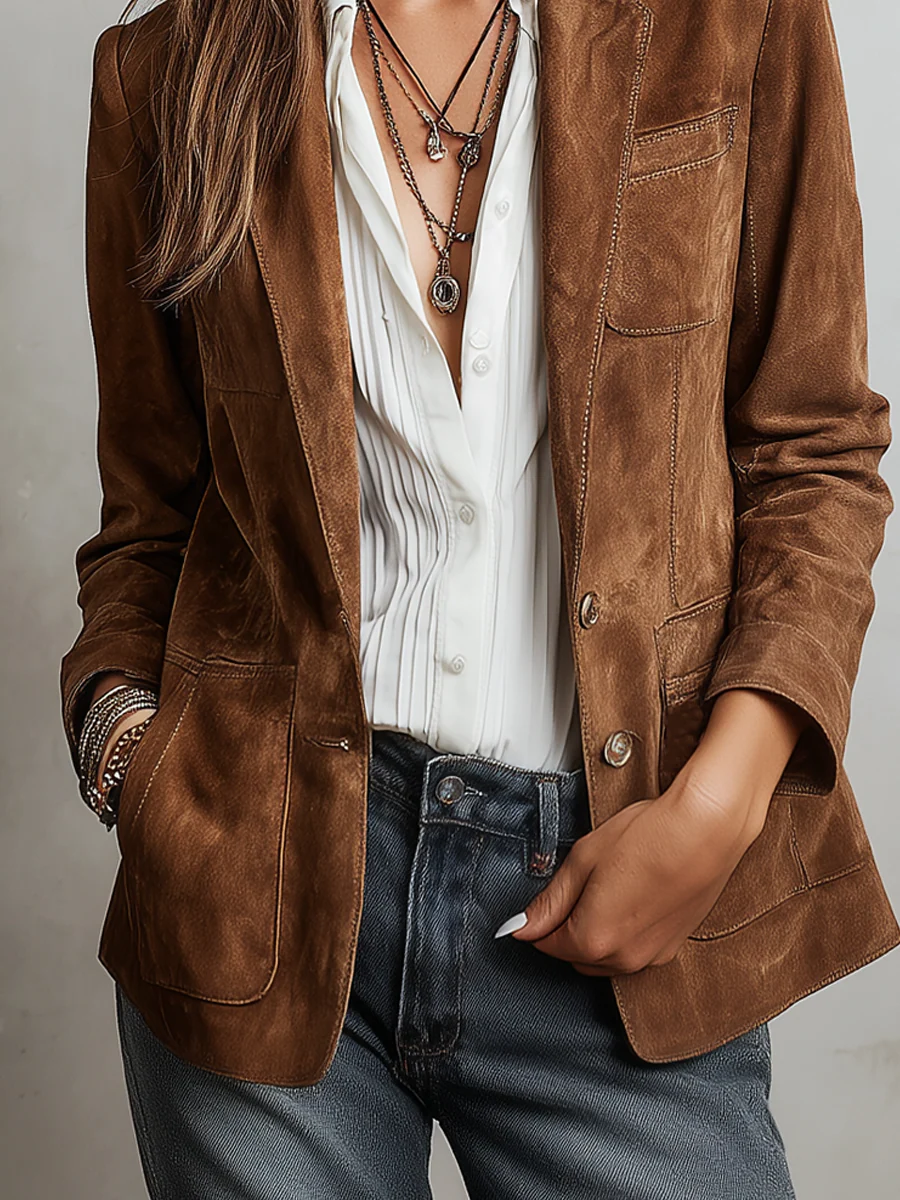 Brontë | Vintage Contrast-Stitch Brown Blazer for Women