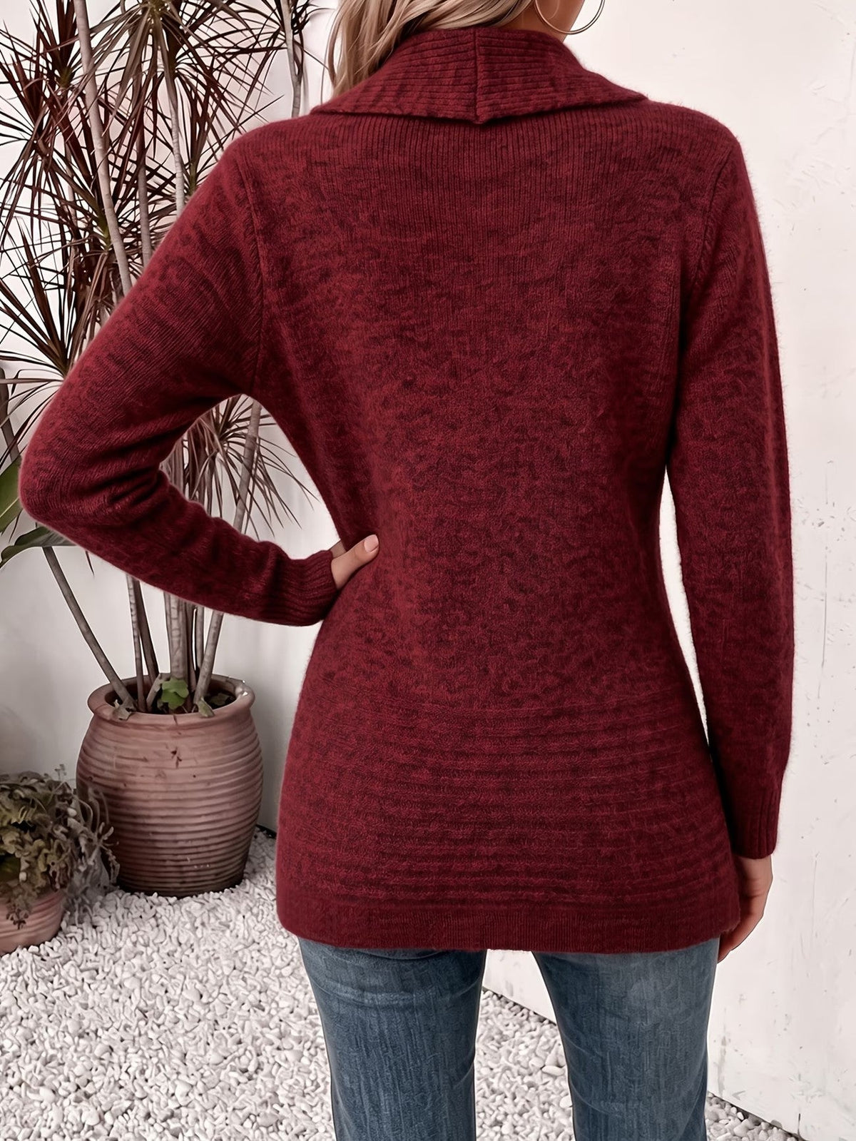 Marlowe | Burgundy Ribbed Knit Button-Tab Cardigan for Women
