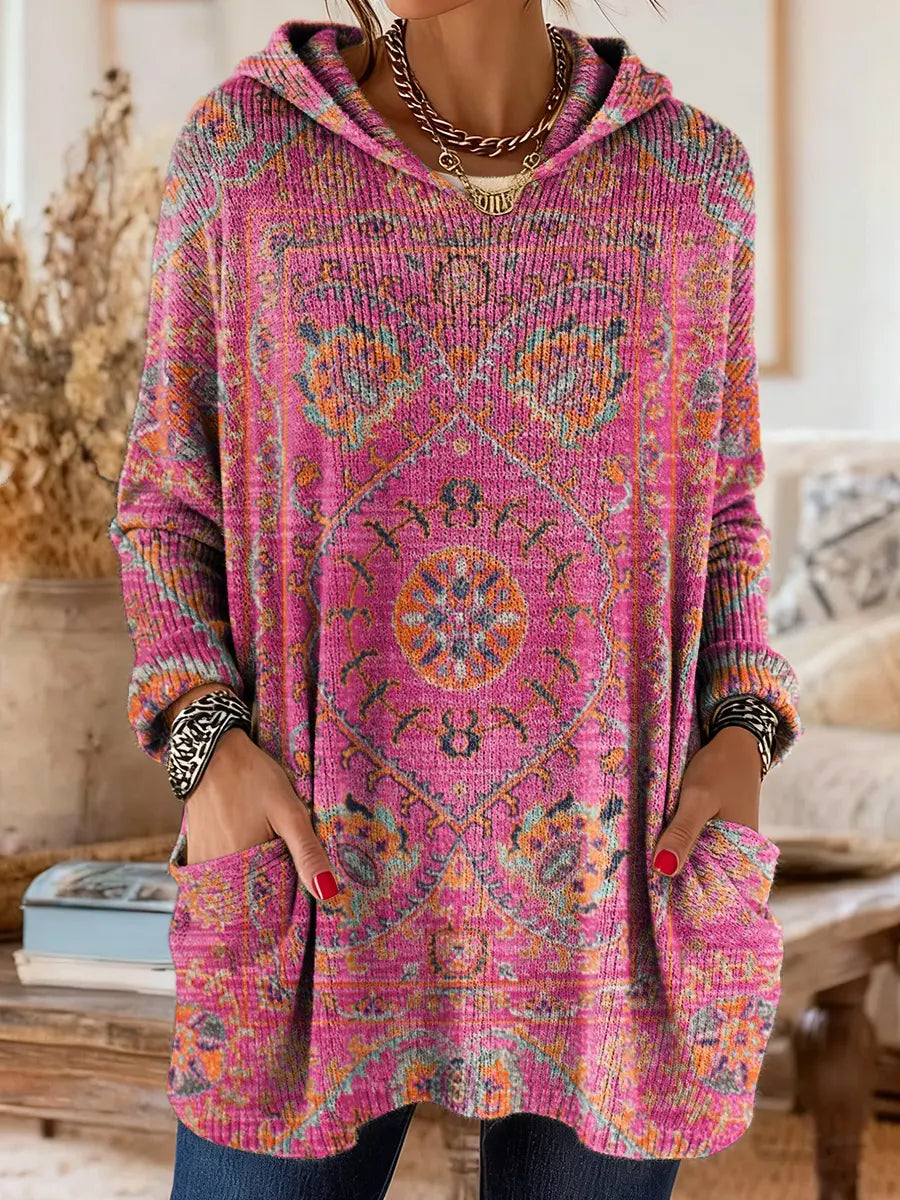 Retro Ethnic Print Hooded Knit Tunic for Women