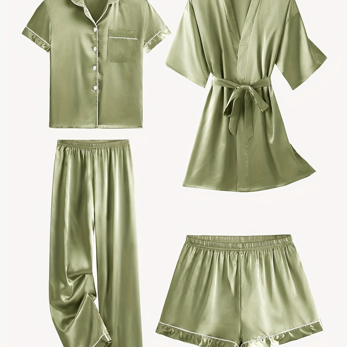 Juliette | 4-Piece Solid Satin Pajama Mid-Sleeve Robe Set for Women