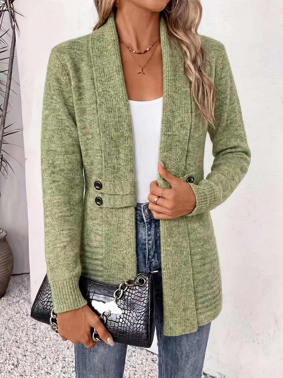 Tessa | Sage Ribbed Knit Button-Tab Cardigan for Women