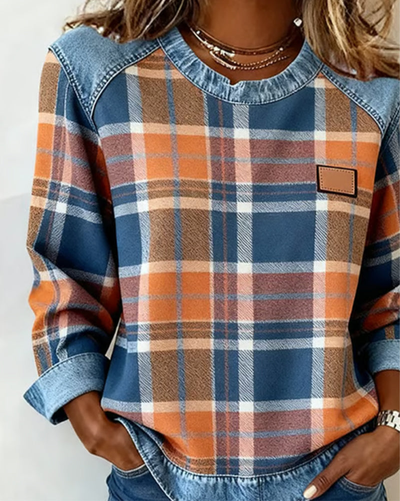 Checkered Patchwork Sweatshirt for Women