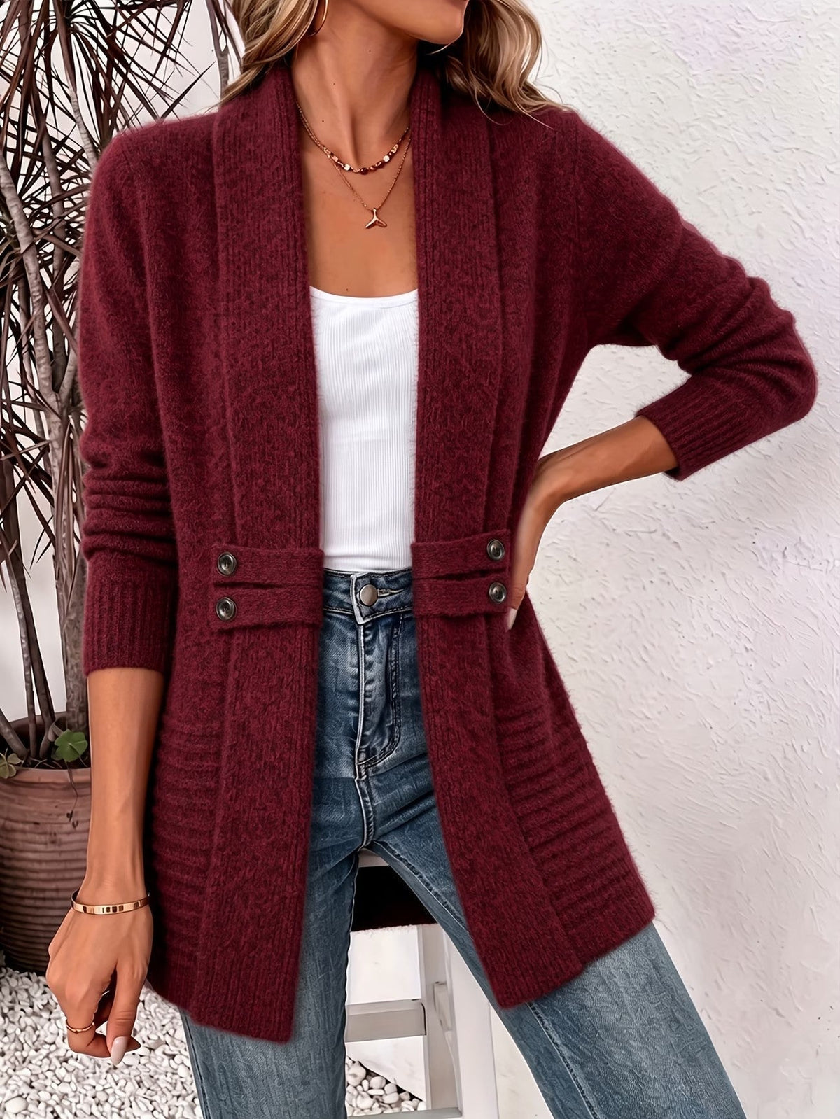 Marlowe | Burgundy Ribbed Knit Button-Tab Cardigan for Women