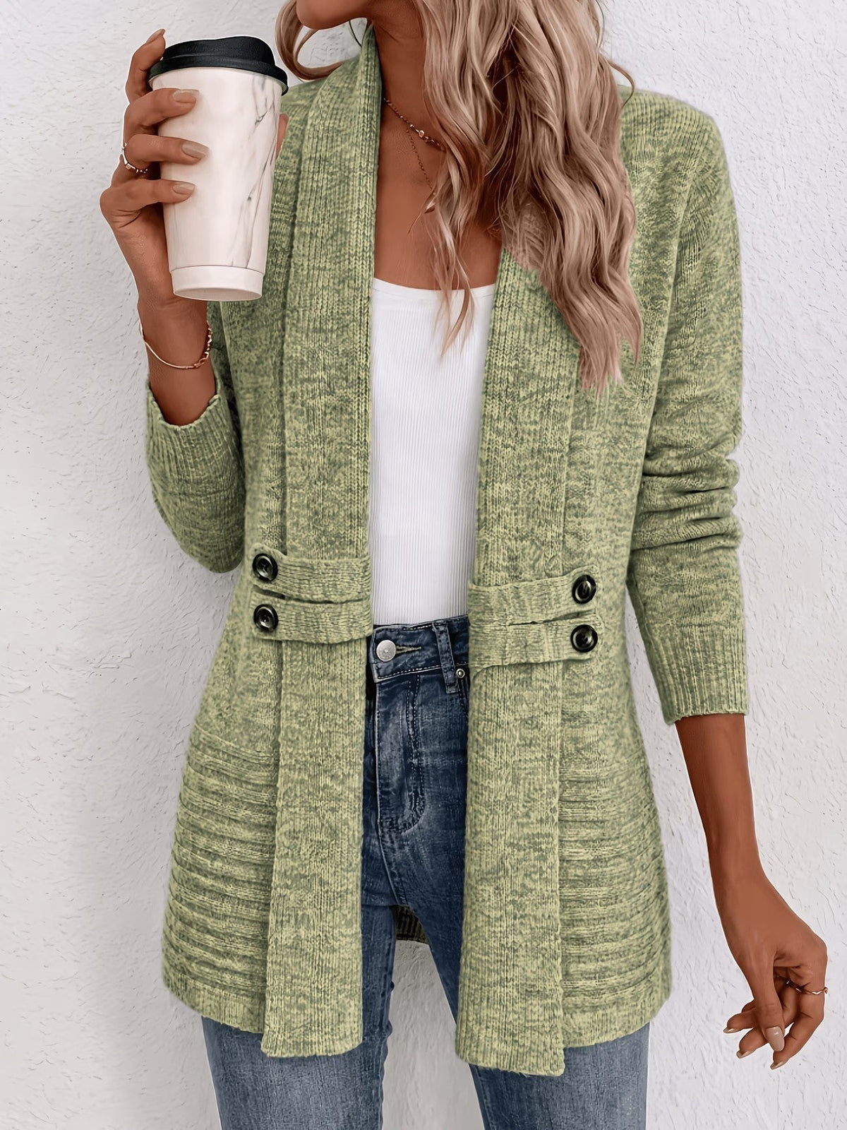 Tessa | Sage Ribbed Knit Button-Tab Cardigan for Women