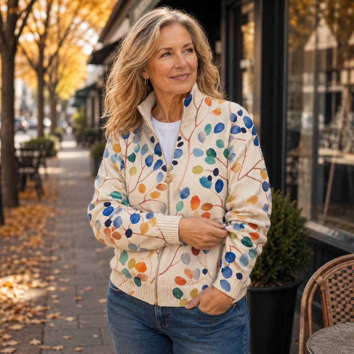 Imogene | Botanical Leaf Print Zip Cardigan for Women