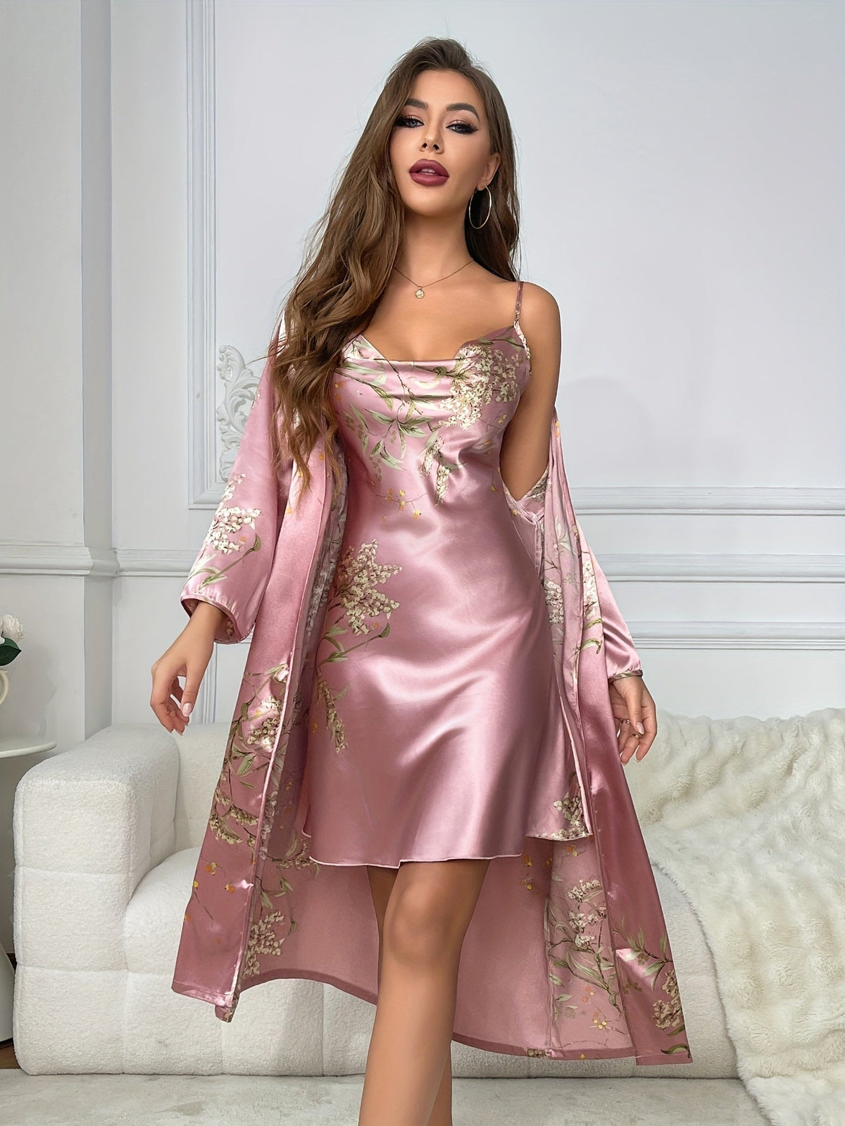 Rosalynn | 2-Piece Floral Satin Camisole & Robe Set for Women
