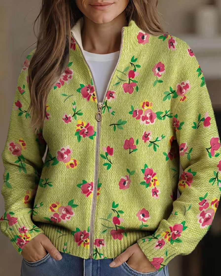 Constance | Pink Floral Lime Zip Cardigan for Women