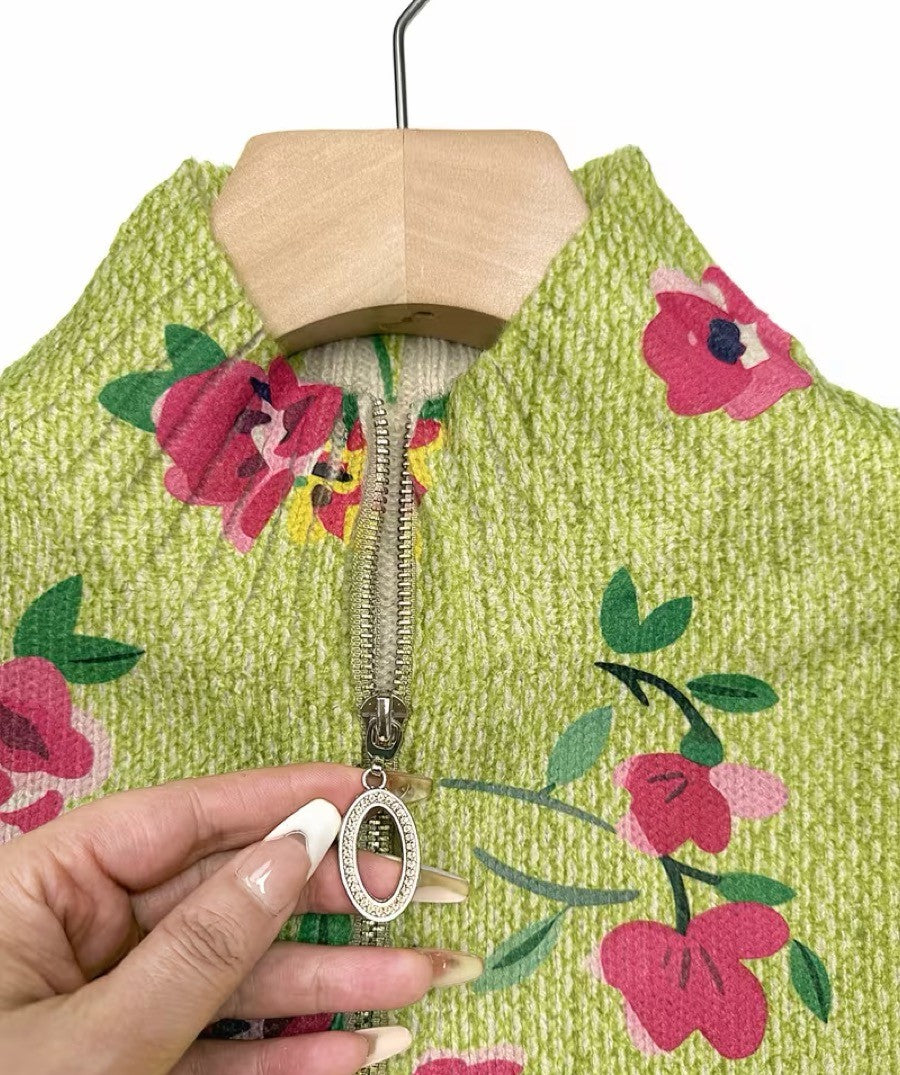 Constance | Pink Floral Lime Zip Cardigan for Women