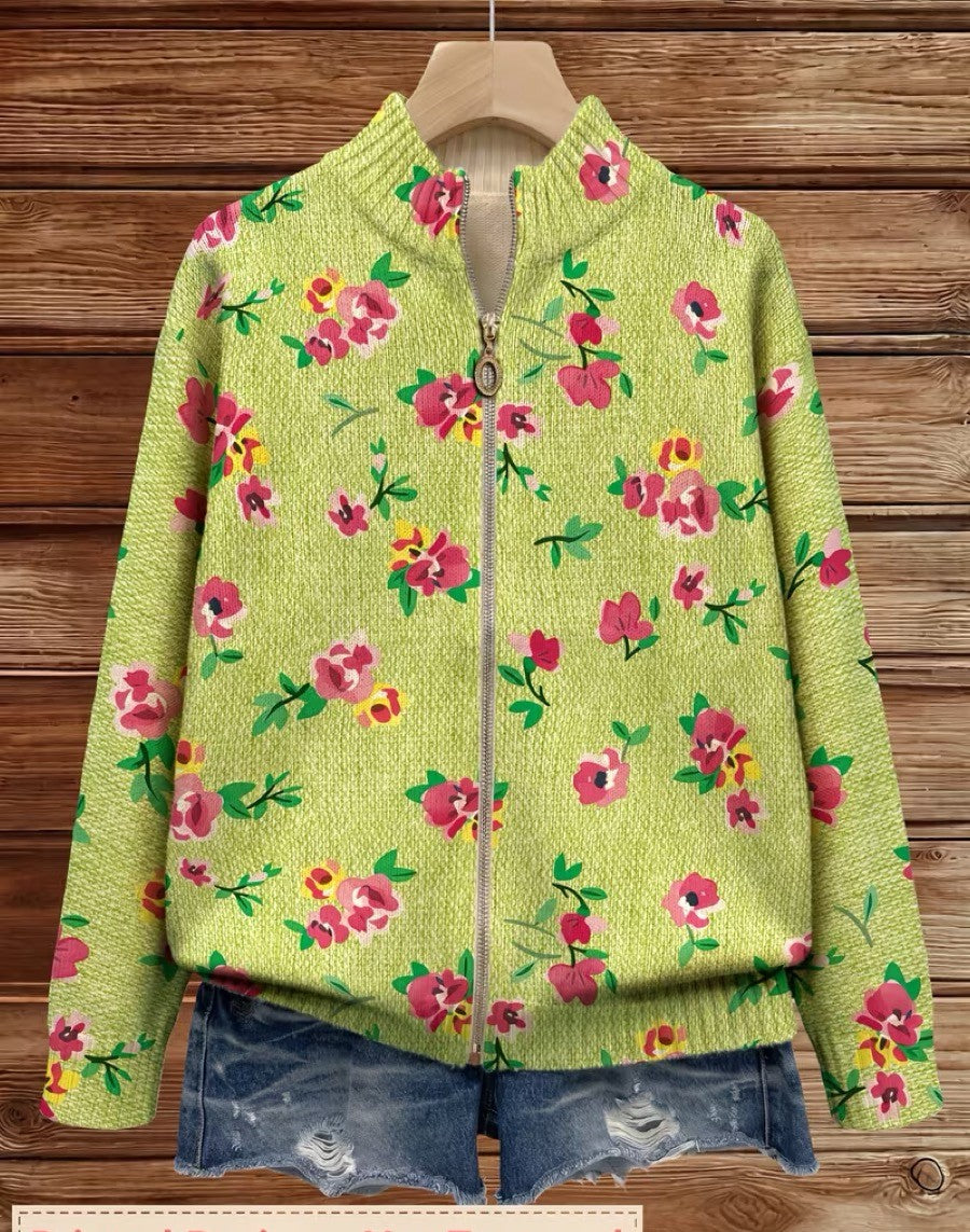 Constance | Pink Floral Lime Zip Cardigan for Women
