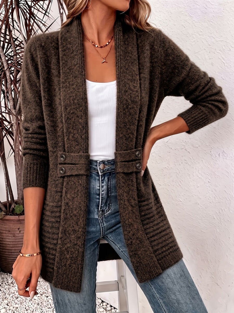 Camille | Chocolate Ribbed Knit Button-Tab Cardigan for Women