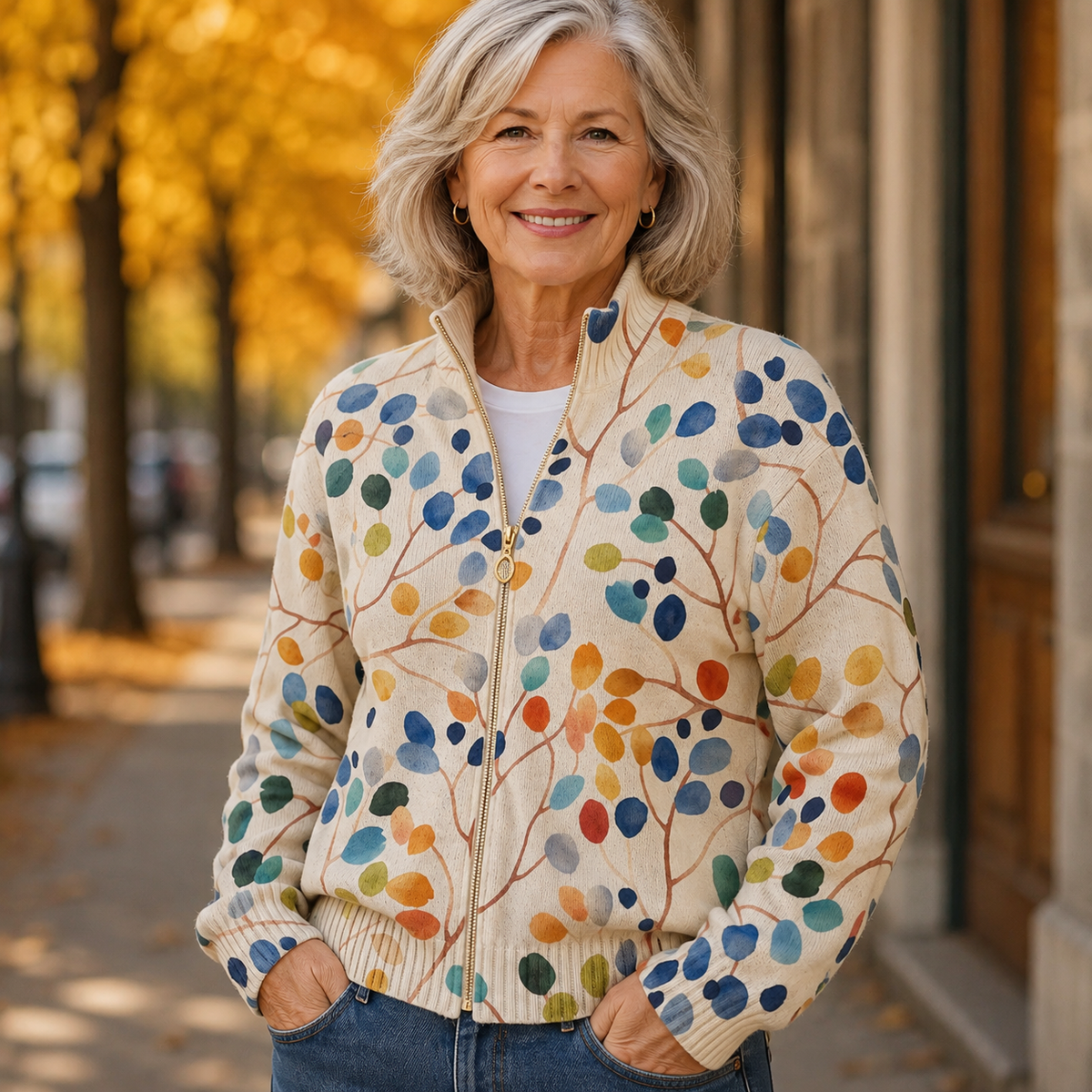 Imogene | Botanical Leaf Print Zip Cardigan for Women