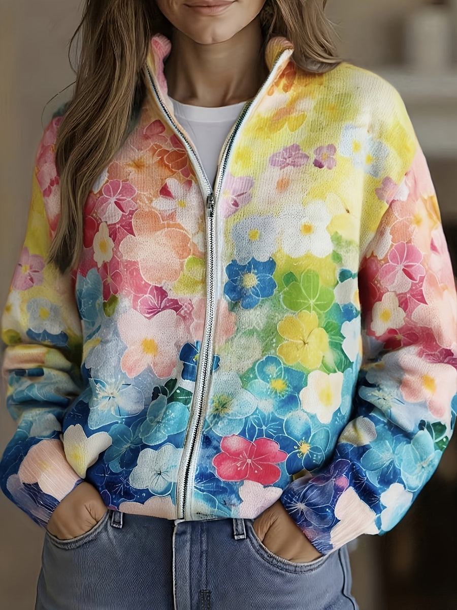 Augusta | Watercolor Floral Ombre Zip Cardigan for Women