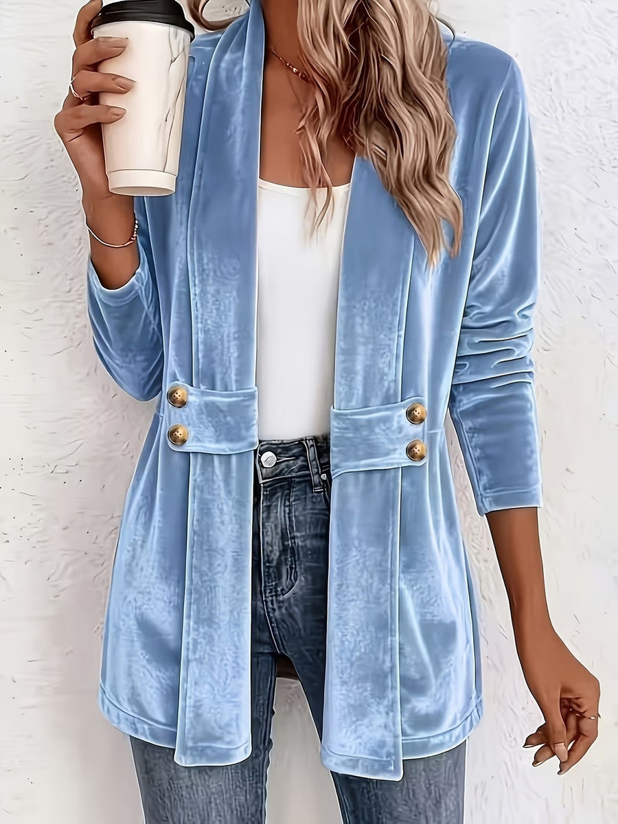 Delaney | Sky Blue Velvet Button-Tab Cardigan for Women