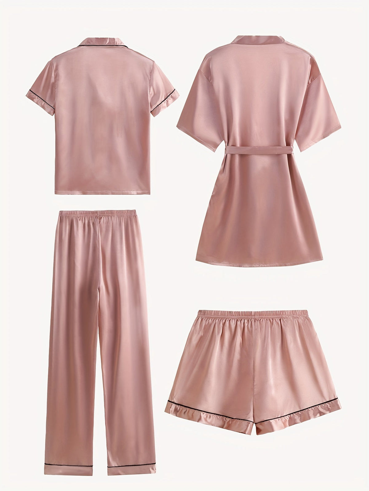 Juliette | 4-Piece Solid Satin Pajama Mid-Sleeve Robe Set for Women