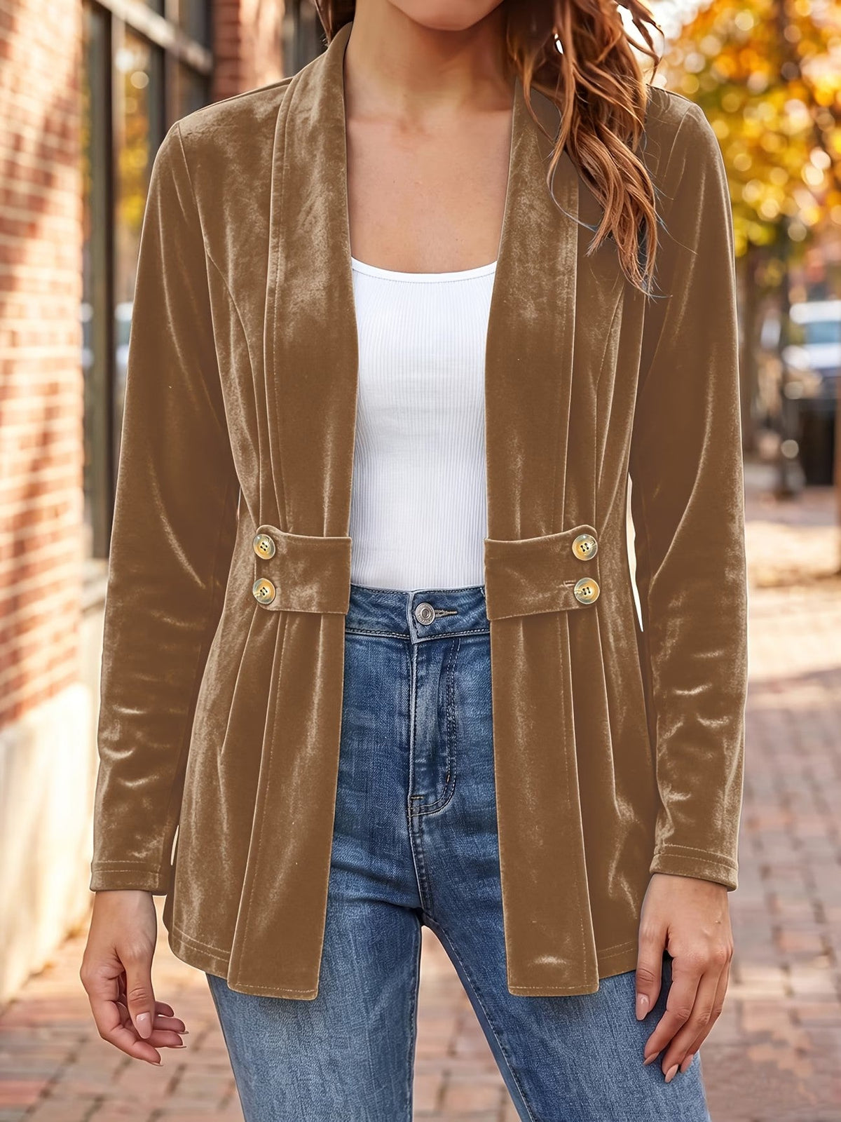 Sutton | Camel Velvet Button-Tab Cardigan for Women