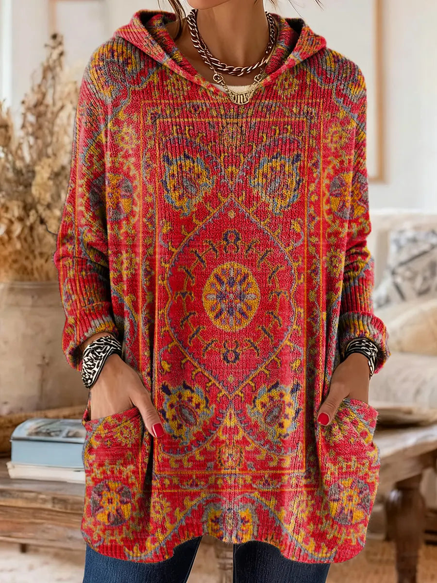 Retro Ethnic Print Hooded Knit Tunic for Women