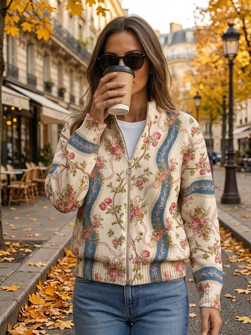 Eulalia | Climbing Rose Ribbon Zip Cardigan for Women