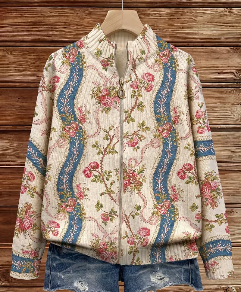 Eulalia | Climbing Rose Ribbon Zip Cardigan for Women