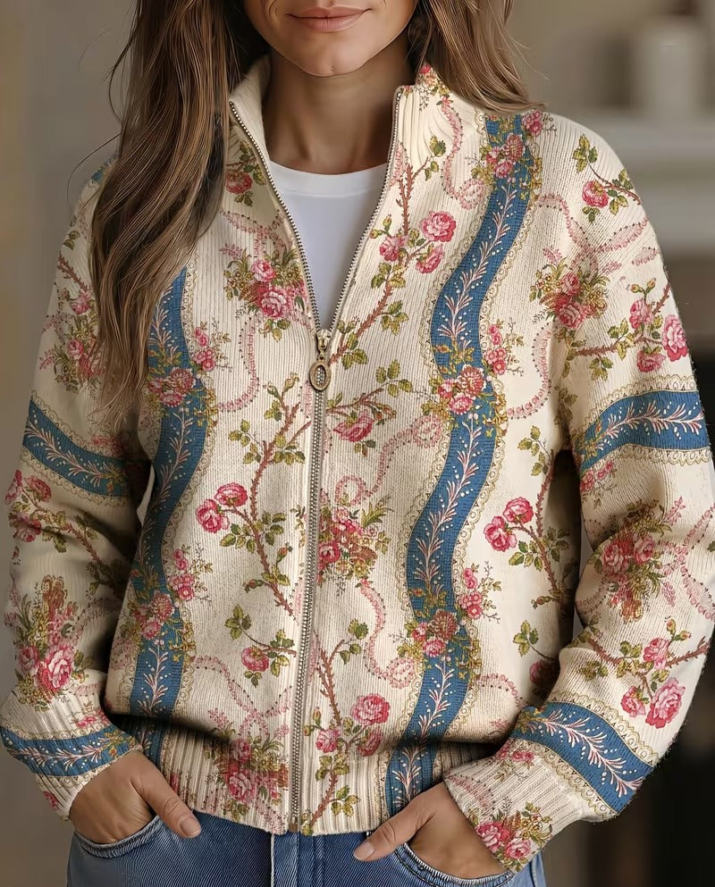 Eulalia | Climbing Rose Ribbon Zip Cardigan for Women