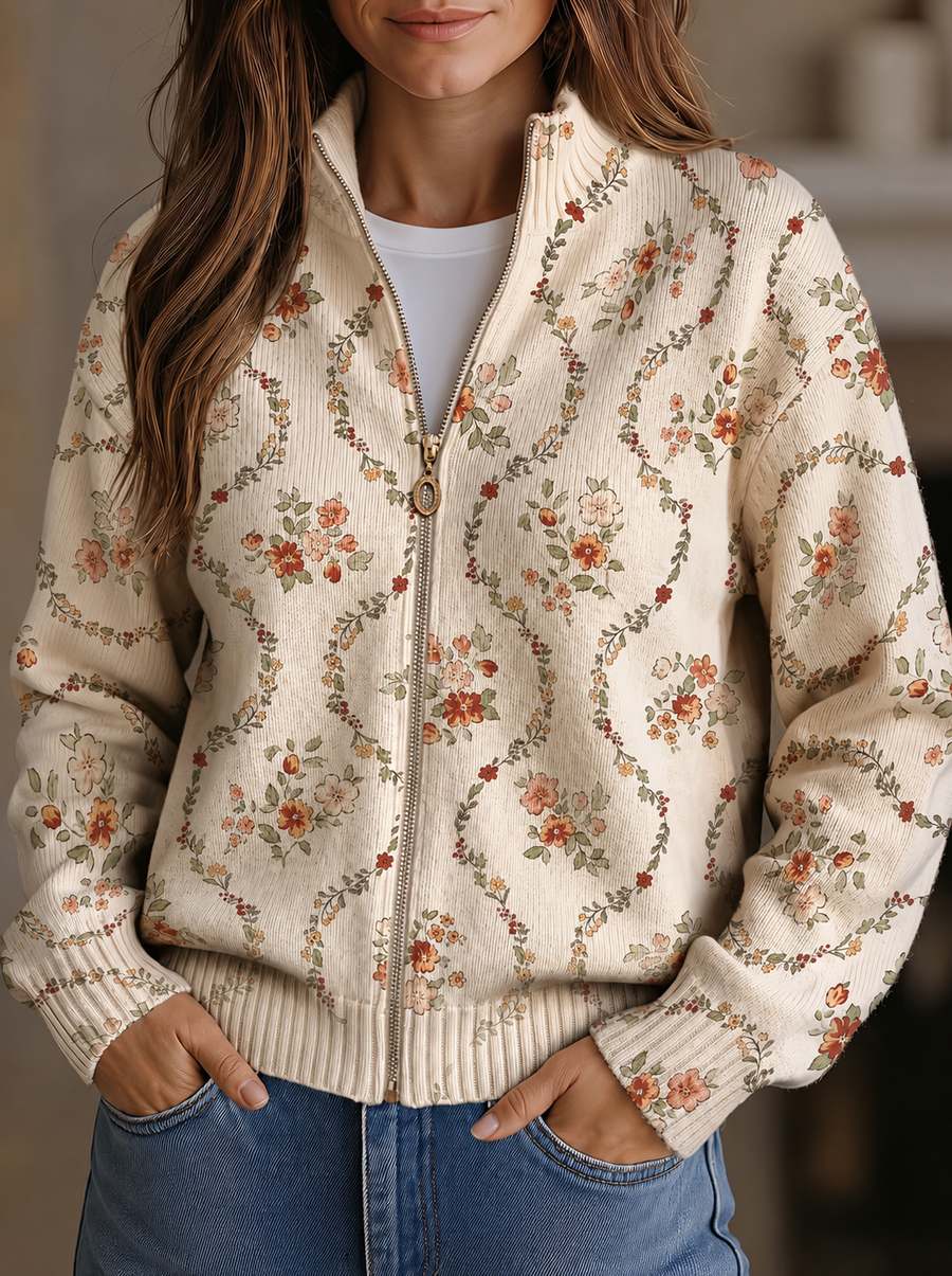 Persephone | Delicate Floral Vine Cream Print Cardigan for Women