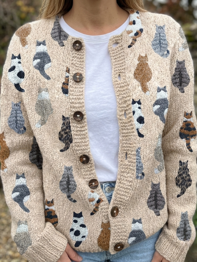 Charlotte | Cozy Cat Print Button-Front Cardigan