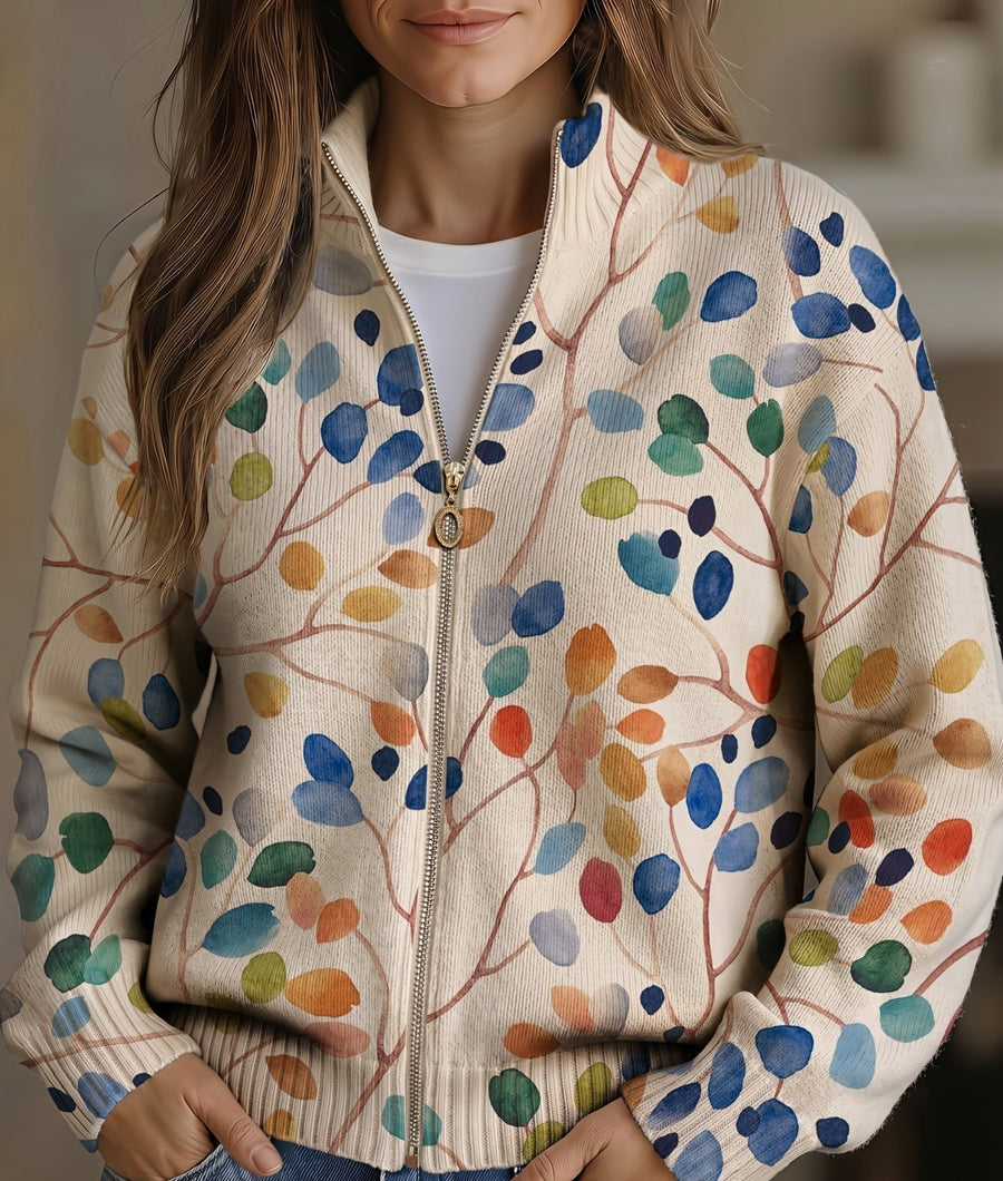 Imogene | Botanical Leaf Print Zip Cardigan for Women