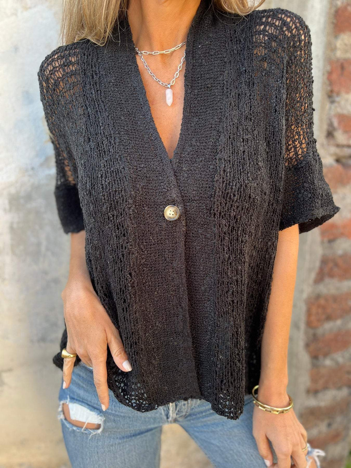 Tindra | V-Neck Hollow Out Knit Top for Women