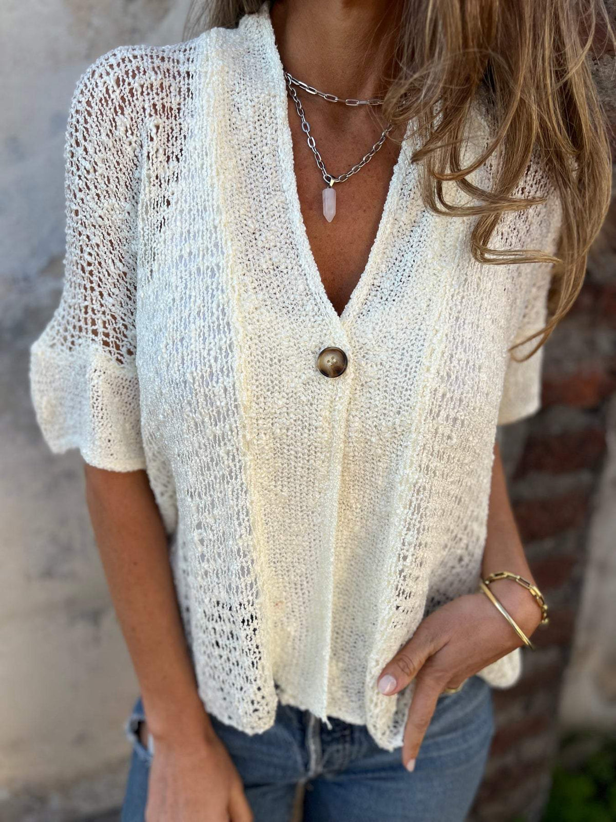 Tindra | V-Neck Hollow Out Knit Top for Women