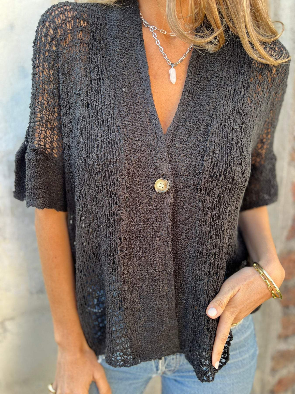 Tindra | V-Neck Hollow Out Knit Top for Women