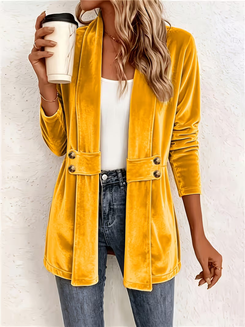 Maeve | Mustard Velvet Button-Tab Cardigan for Women