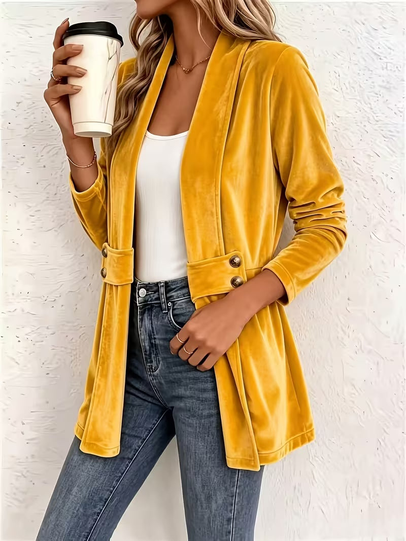 Maeve | Mustard Velvet Button-Tab Cardigan for Women