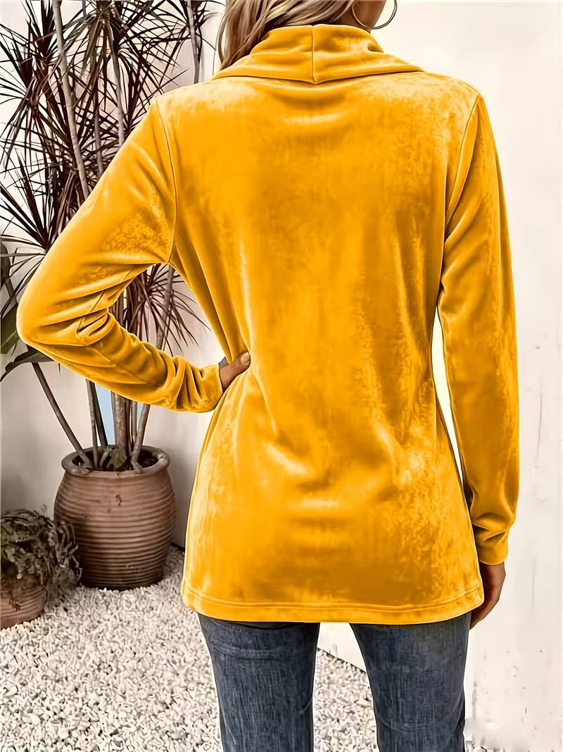 Maeve | Mustard Velvet Button-Tab Cardigan for Women