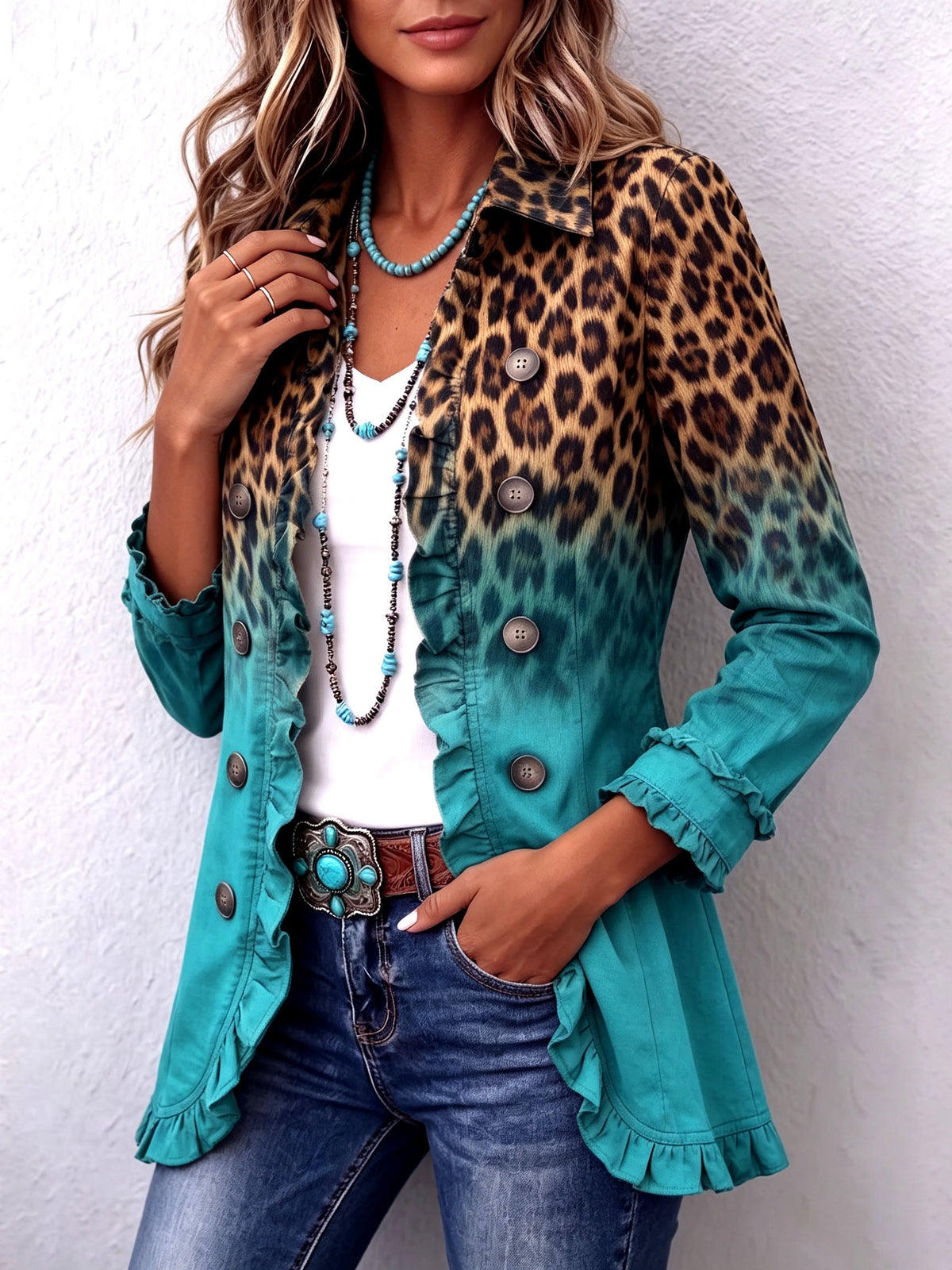 Elspeth | Leopard Ombre Ruffle Blazer Jacket for Women