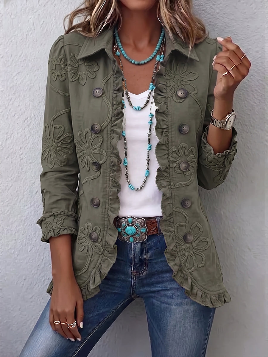 Kamberly | Floral Embroidered Ruffled Trim Utility Jacket for Women