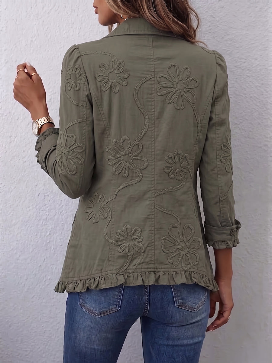 Kamberly | Floral Embroidered Ruffled Trim Utility Jacket for Women