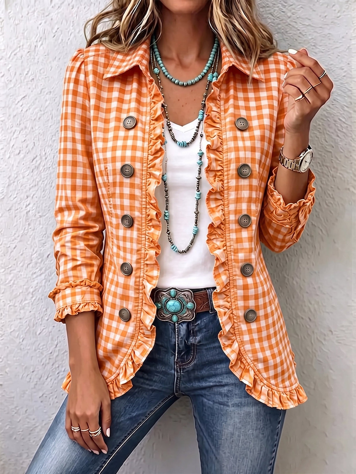 Charlene | Gingham Ruffled Button-Down Jacket for Women