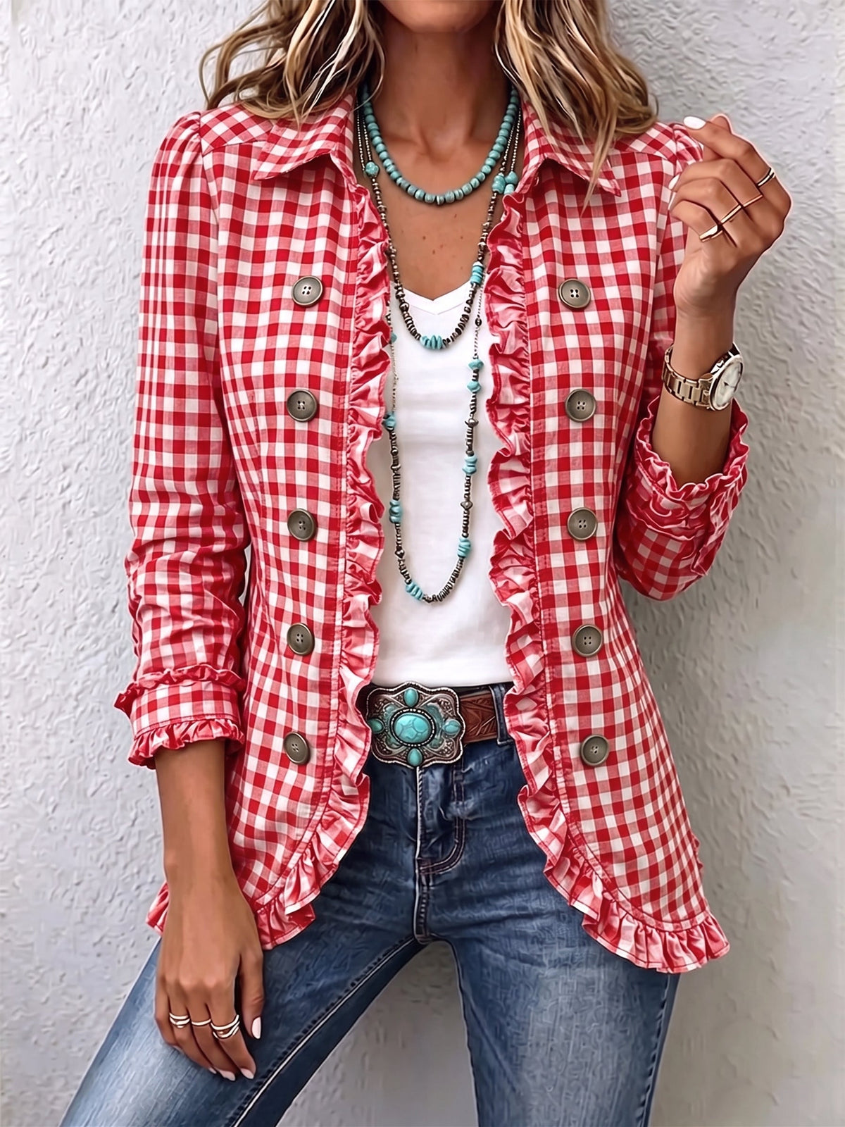 Charlene | Gingham Ruffled Button-Down Jacket for Women