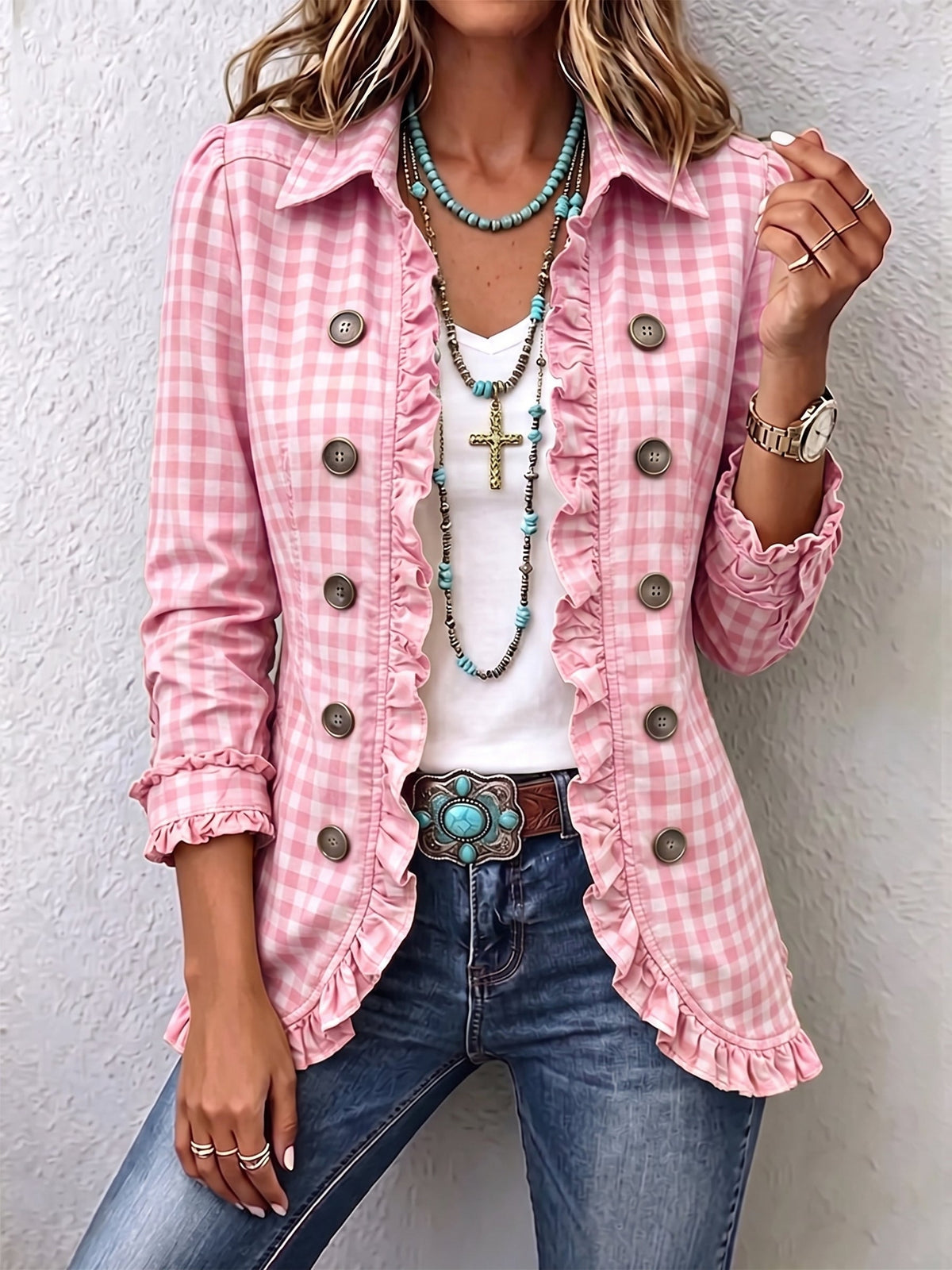 Charlene | Gingham Ruffled Button-Down Jacket for Women