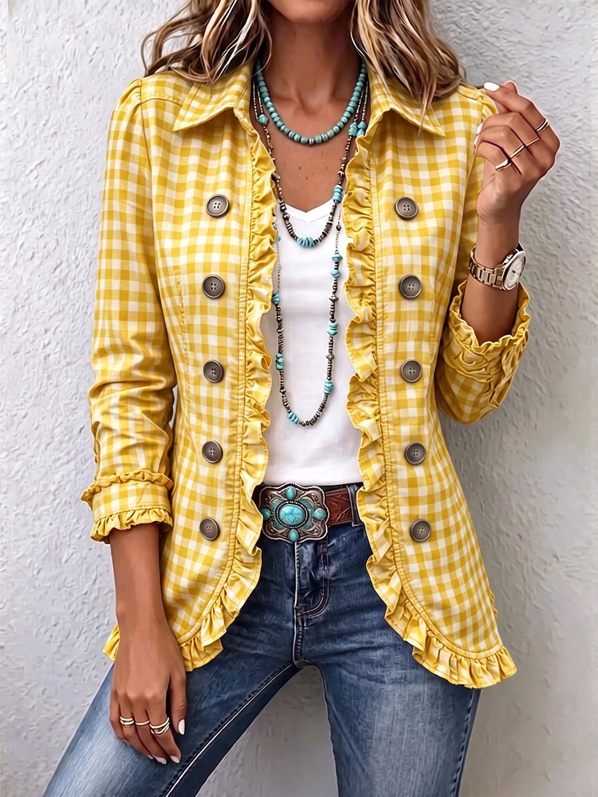 Charlene | Gingham Ruffled Button-Down Jacket for Women