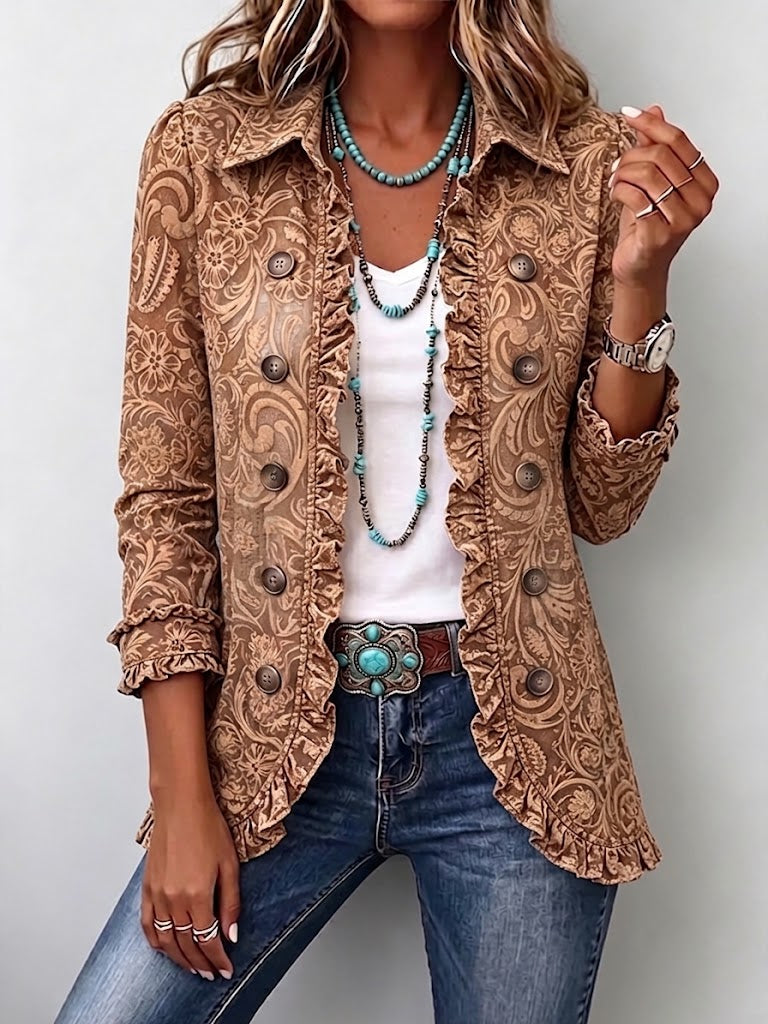 Vyclara | Vintage Bohemian Floral Print Ruffled Jacket for Women
