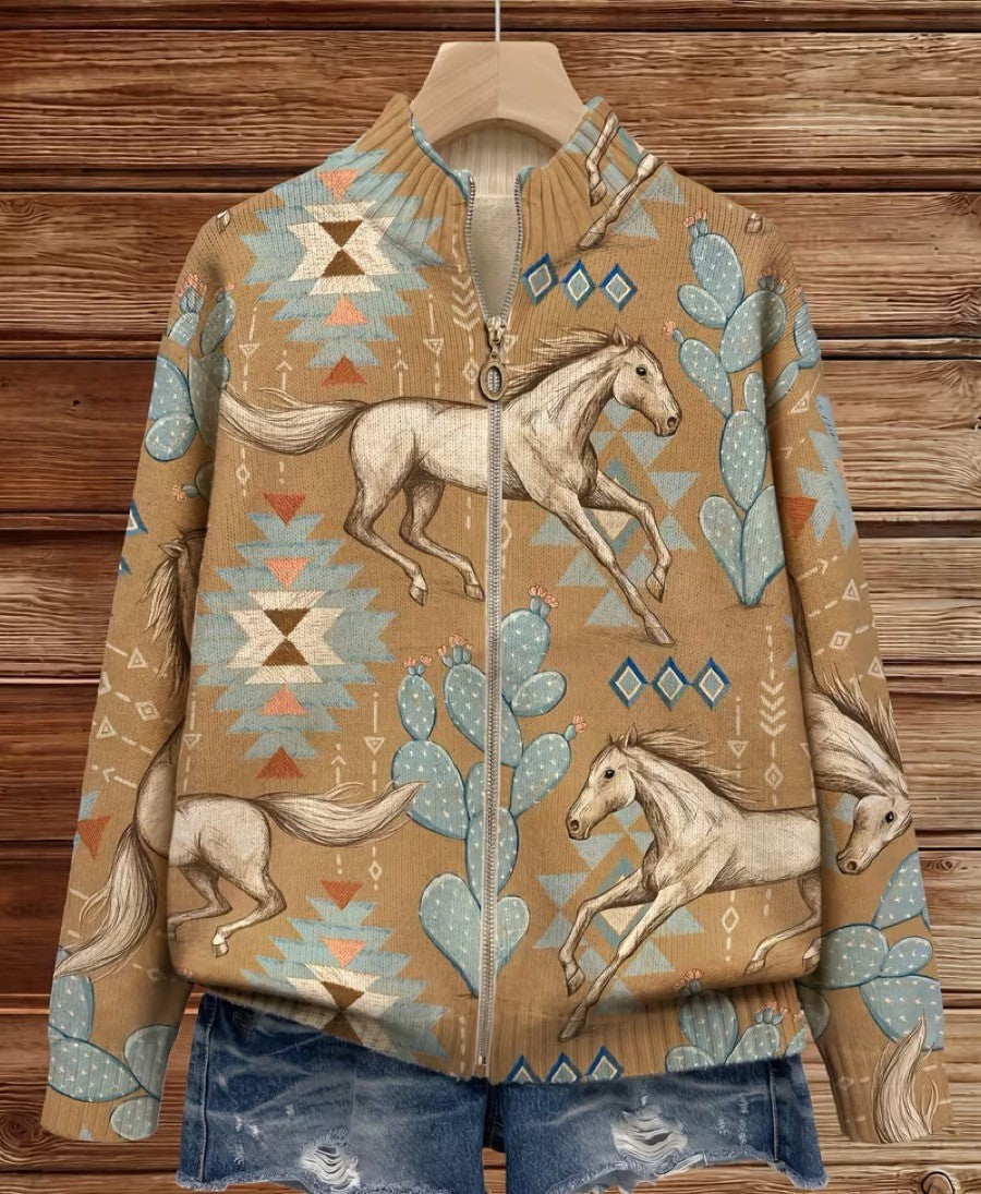 Perpetua | Desert Horse and Cactus Zip Cardigan for Women