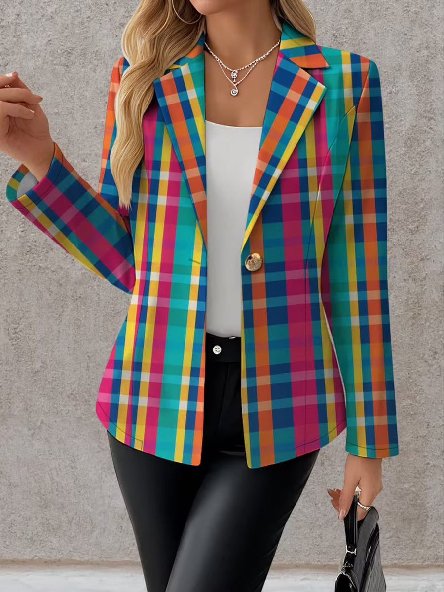 Rosaline | Rainbow Plaid Single-Button Blazer for Women