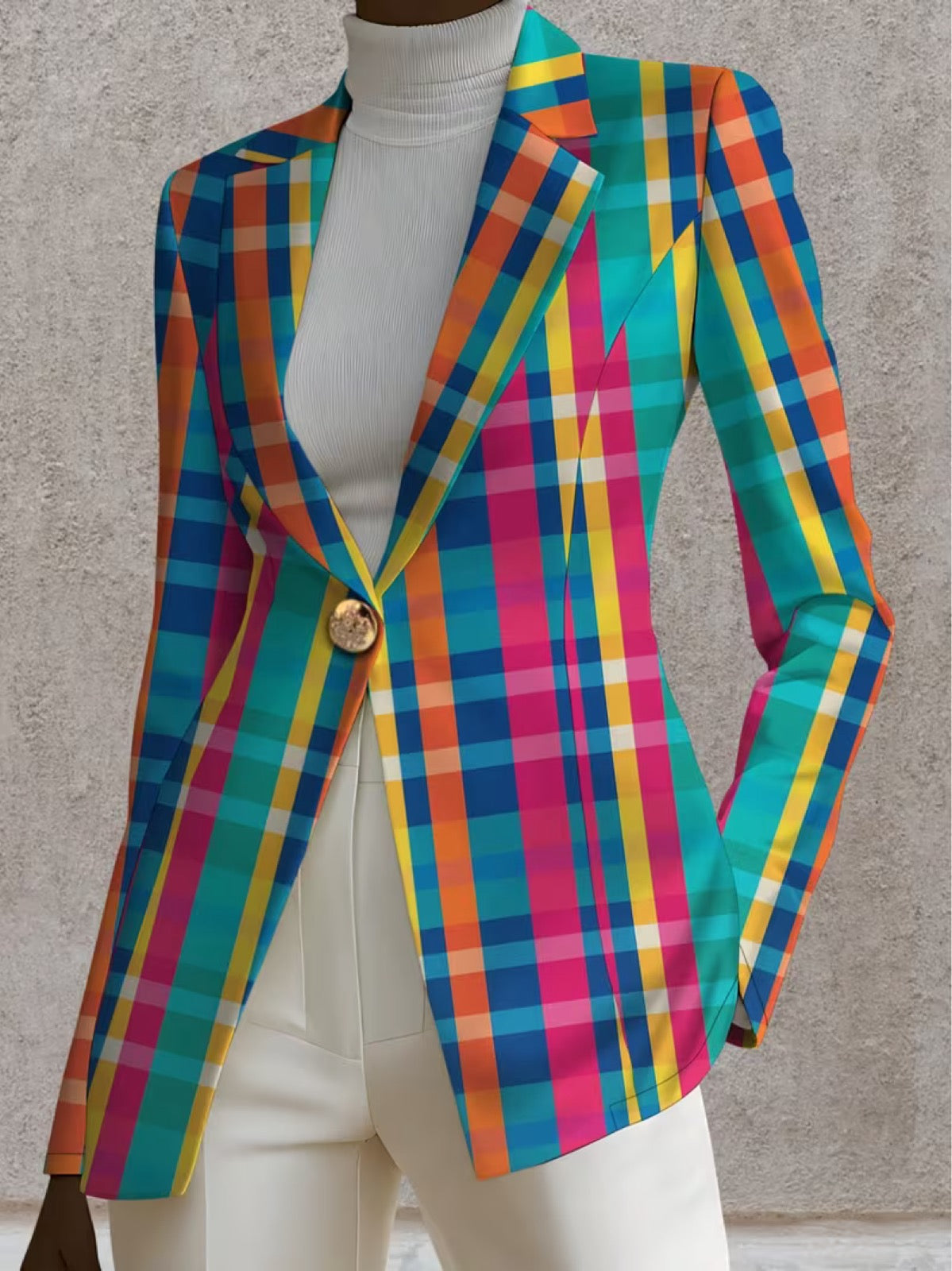 Rosaline | Rainbow Plaid Single-Button Blazer for Women