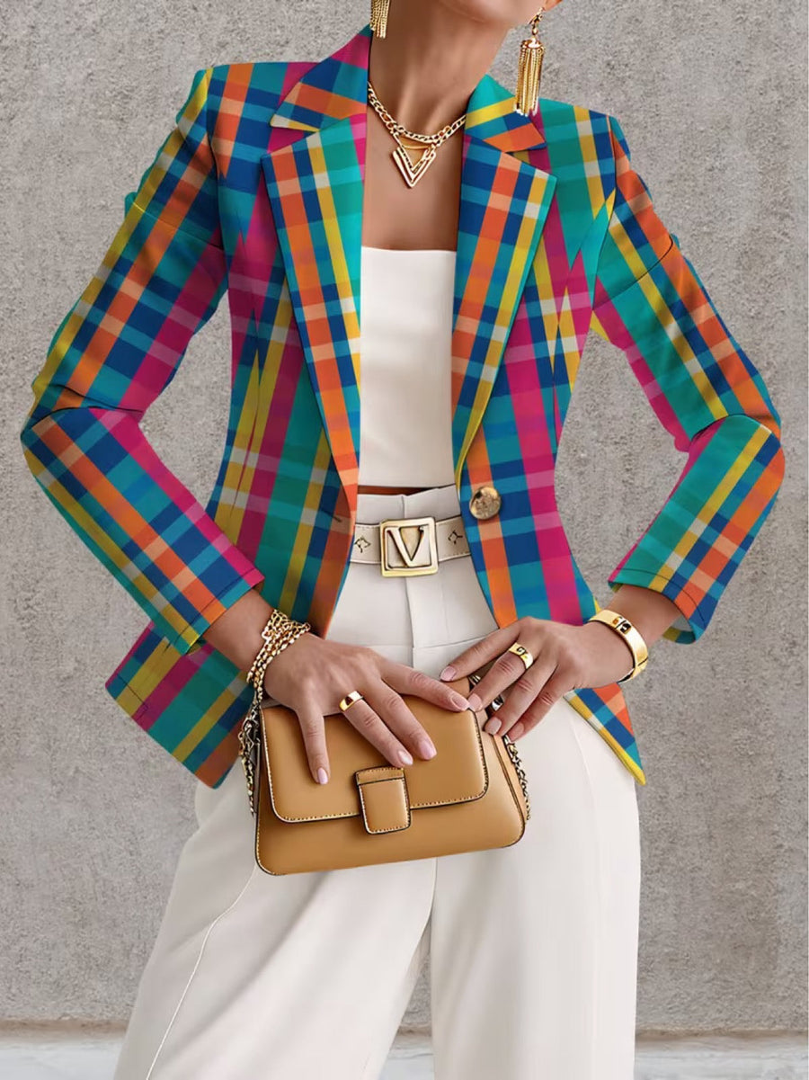 Rosaline | Rainbow Plaid Single-Button Blazer for Women